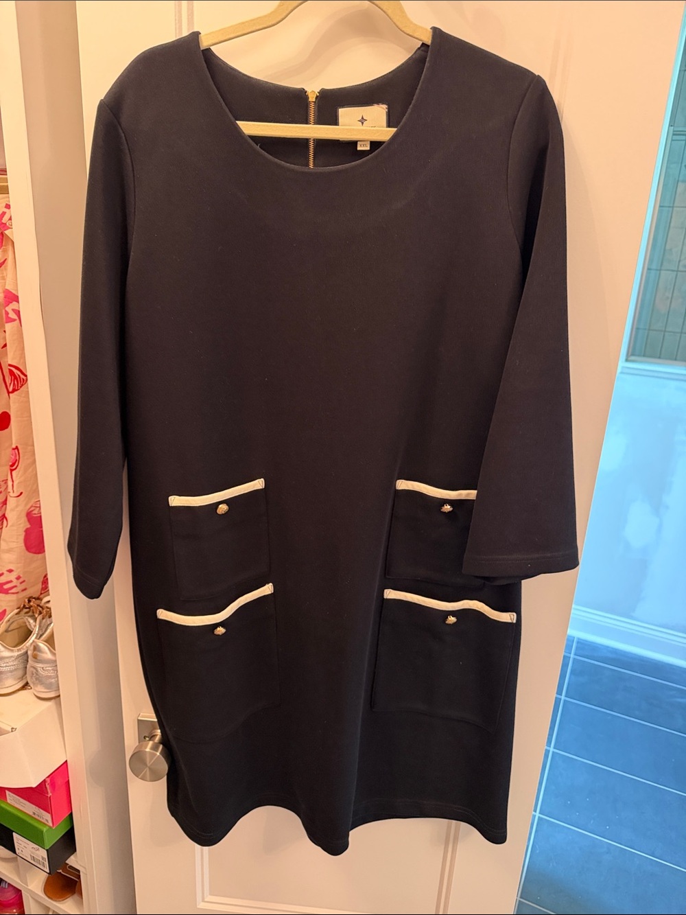 Tuckernuck Black Shift Dress with Cream Trim Pockets